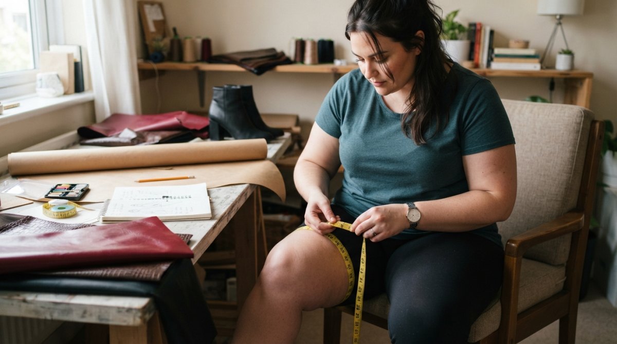 A woman using a flexible fabric measuring tape to measure her thigh circumference, seated on a chair with the tape held snugly around the fullest part of her thigh, natural indoor lighting