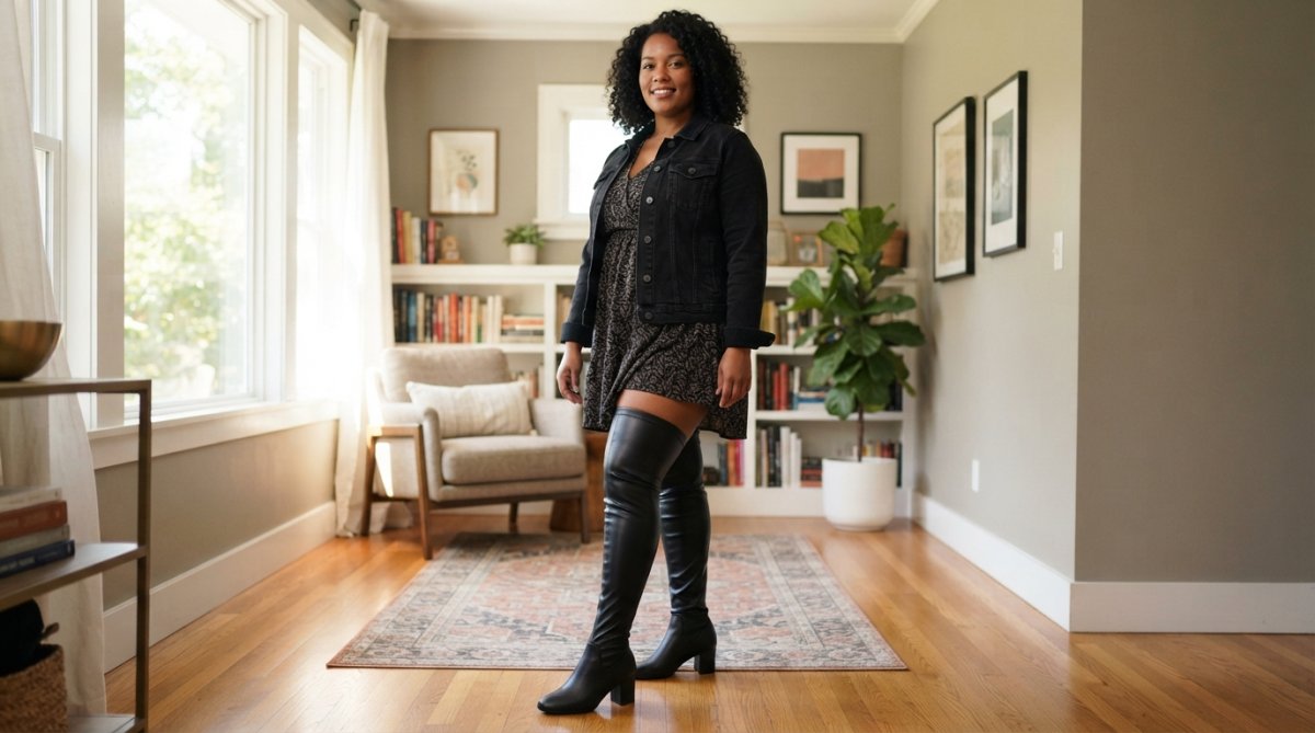 A plus-size woman wearing a black stretch faux leather thigh-high boot sleeve over a heel, standing confidently in a well-lit room, showing the sleeve fitted smoothly from ankle to thigh with no bunching
