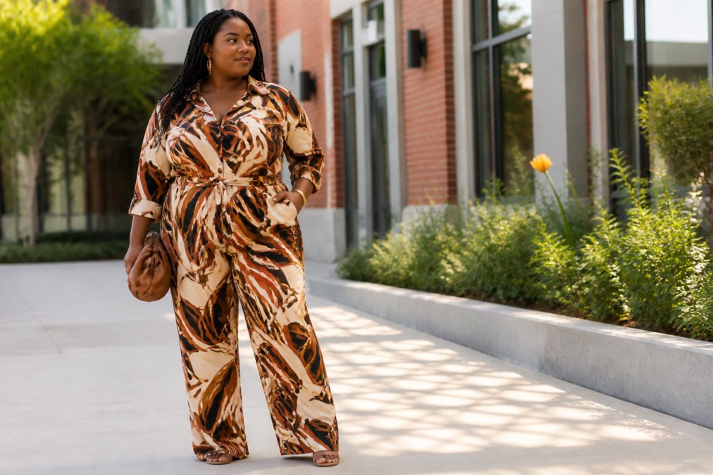 Diverse plus-size woman confidently wearing a trendy jumpsuit with abstract design, styled casually with accessories, standing in natural lighting that shows how the sculpted fit flatters her silhouette