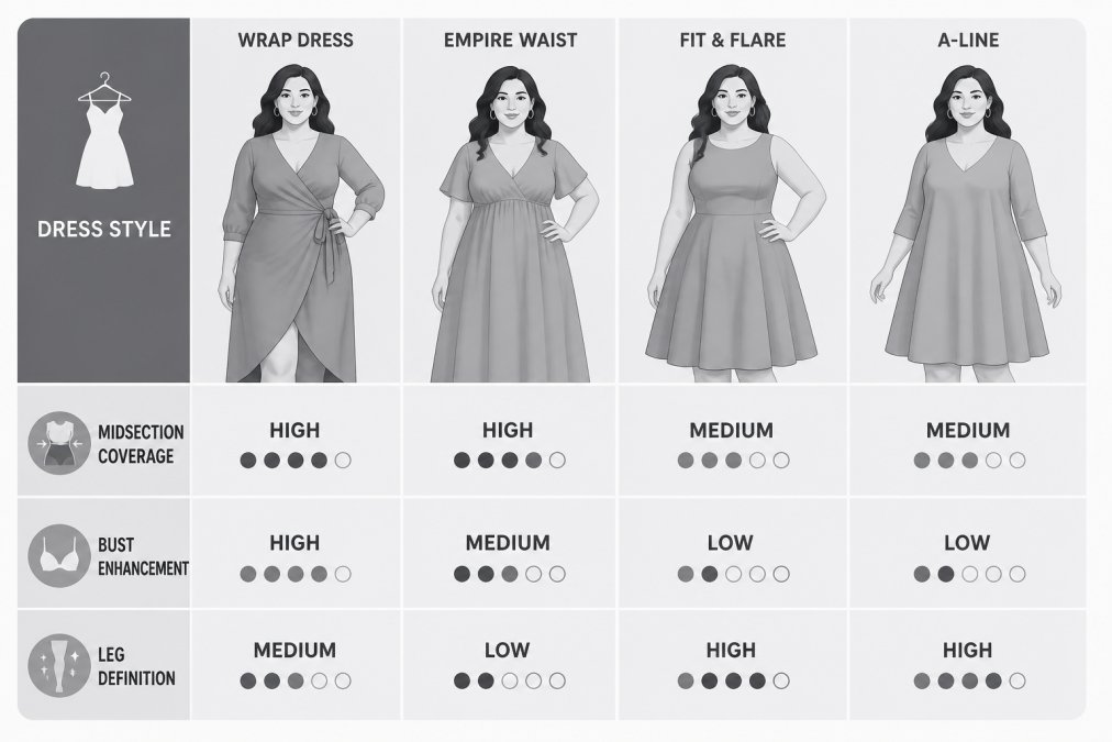 Style comparison matrix showing 4 dress silhouettes, wrap dress, empire waist, fit and flare, A-line, rated across 3 criteria: midsection coverage (wrap: High, empire: High, fit-and-flare: Medium, A-line: Medium), bust enhancement (wrap: High, empire: Medium, fit-and-flare: Low, A-line: Low), leg definition (wrap: Medium, empire: Low, fit-and-flare: High, A-line: High)