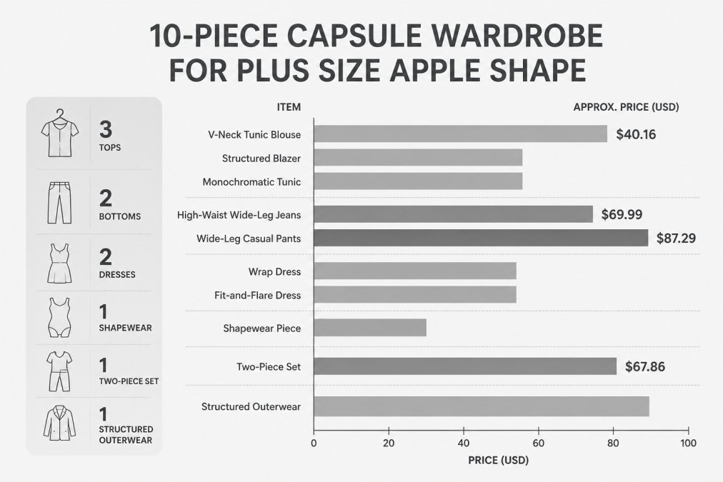 Horizontal bar chart showing a 10-piece capsule wardrobe breakdown by category: 3 tops (V-neck tunic blouse at $40.16, structured blazer, monochromatic tunic), 2 bottoms (high-waist wide-leg jeans at $69.99, wide-leg casual pants at $87.29), 2 dresses (wrap dress, fit-and-flare), 1 shapewear piece, 1 two-piece set at $67.86, 1 structured outerwear, each bar labeled with category and approximate price