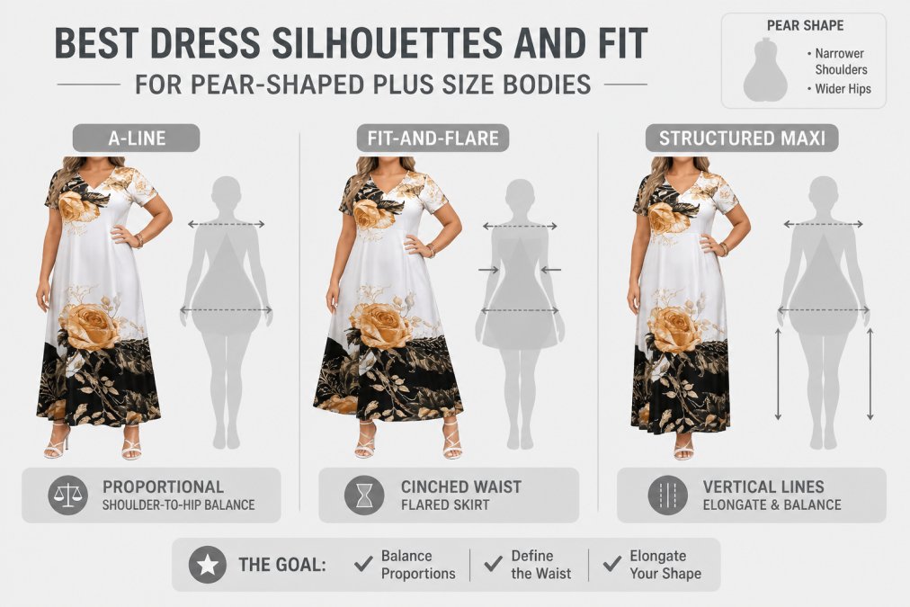 Professional illustration showing plus size clothing for pear shapes