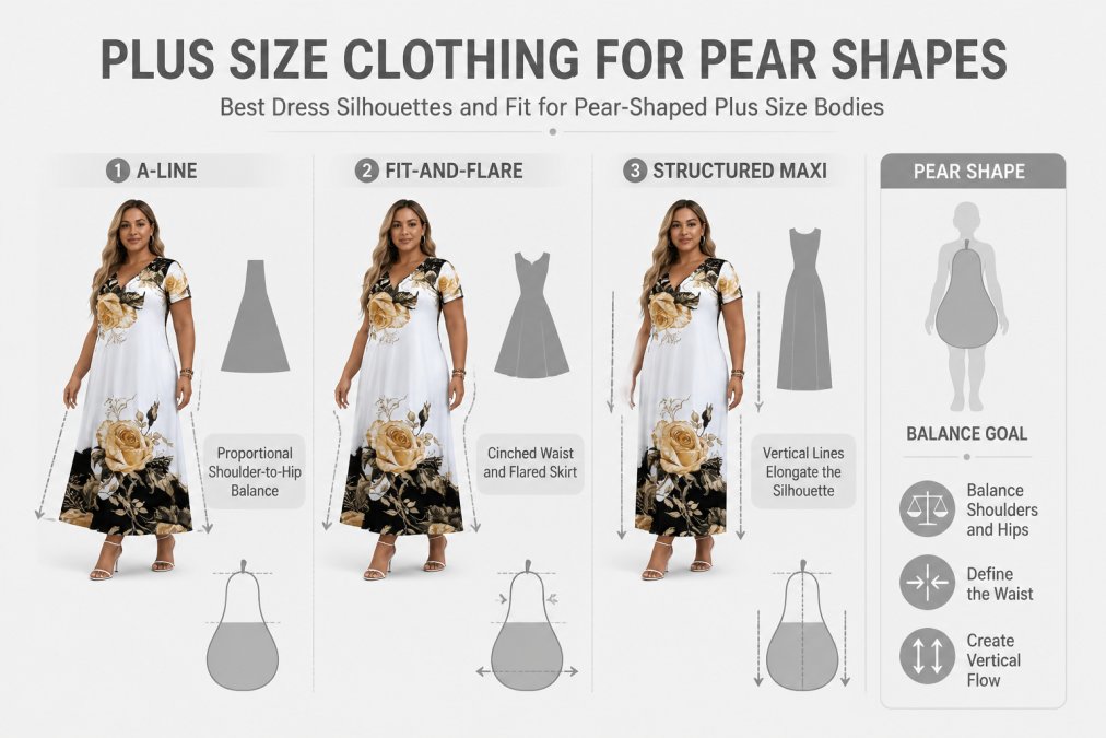 Professional illustration showing plus size clothing for pear shapes