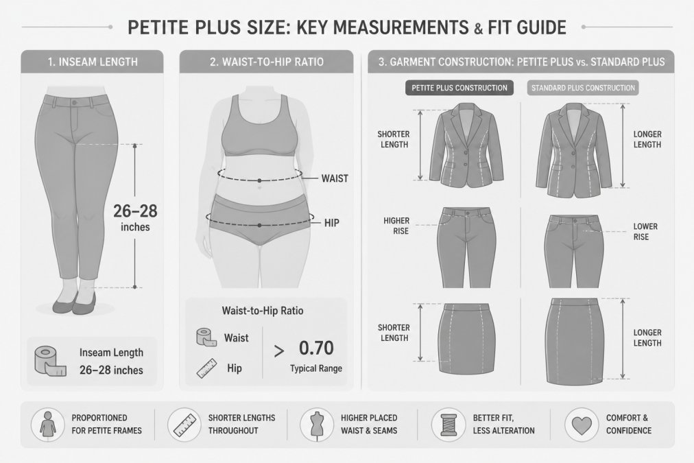 Professional illustration showing plus size clothing for petite women