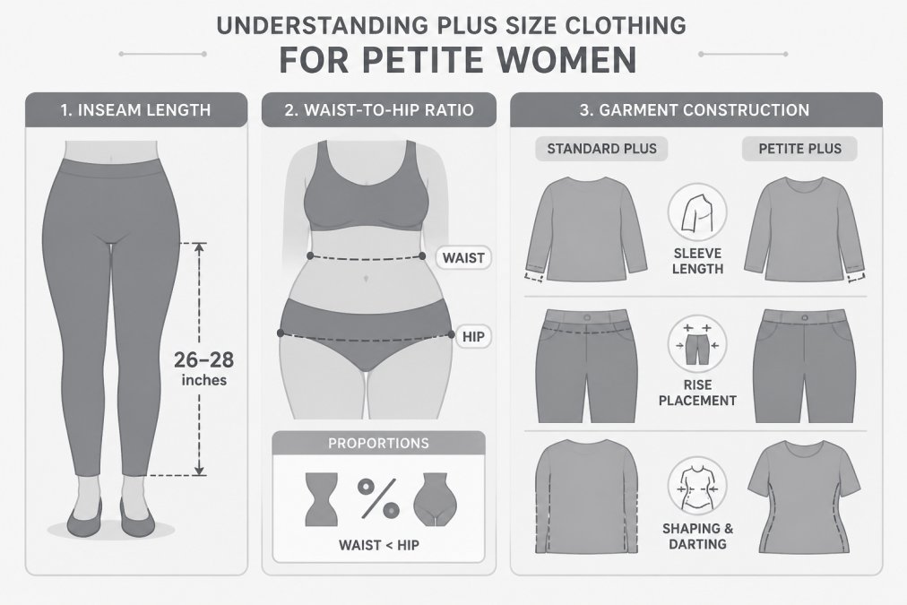 Professional illustration showing plus size clothing for petite women