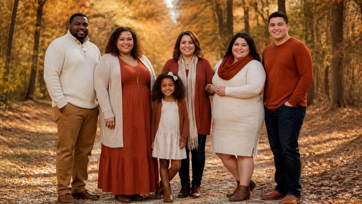 Diverse family in coordinated rust and cream autumn outfits posing outdoors in soft fall lighting