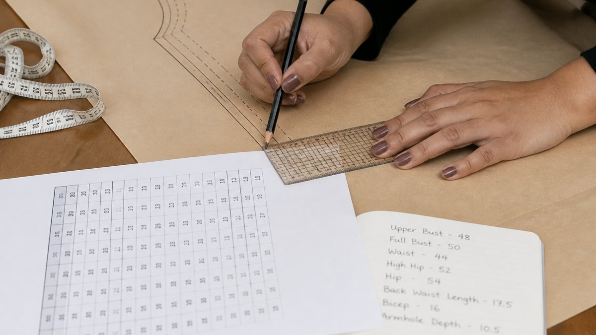 Hands marking grading lines on a paper pattern using a ruler and pencil with reference measurement notes