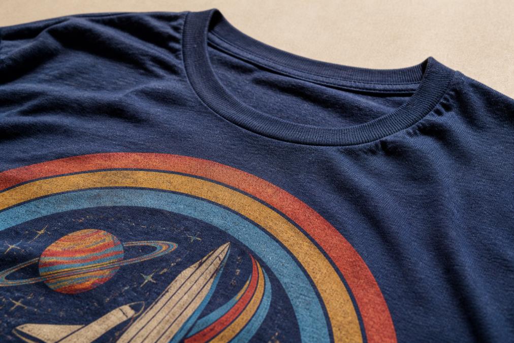 Close-up of ring-spun cotton graphic shirt laid flat on neutral background, showing detailed fabric texture, weave pattern, and high-quality ink print definition with vibrant color saturation