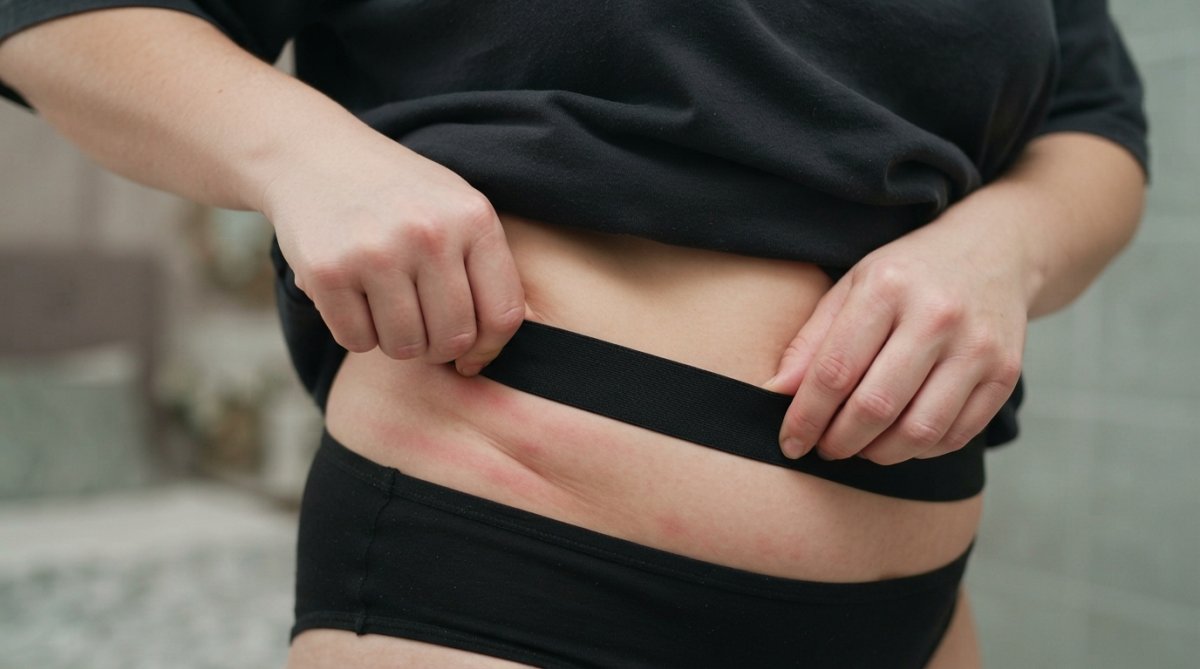 Close-up of a woman's hands adjusting the elastic waistband of black underwear, showing how the band digs into her skin with visible red marks