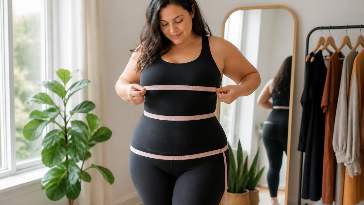 Step-by-step guide showing how to measure bust, waist, and hip circumference using a soft measuring tape.