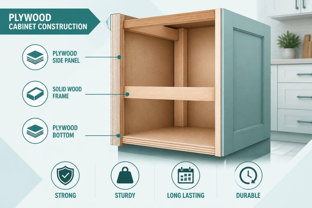 Close-up of cabinet box construction showing multiple plywood layers and internal frame structure in a modern kitchen setting with natural light