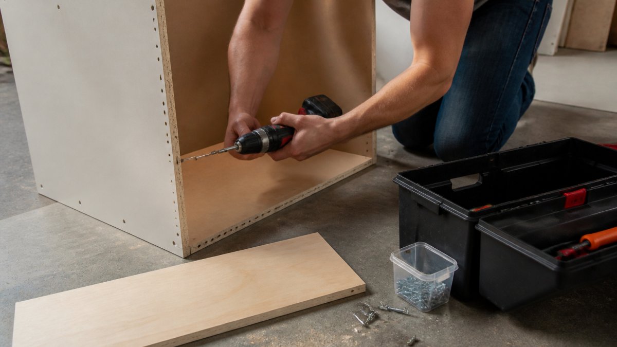 Close-up of a homeowner's hands assembling a ready-to-assemble kitchen cabinet box on a garage floor, with a drill, screws, and a plywood side panel visible beside the toolbox