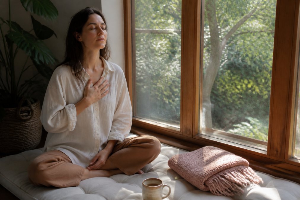 A woman sitting cross-legged on a cushioned floor by a large window, eyes closed, one hand resting on her chest, morning light falling across her face, a folded blanket and a mug of tea beside her