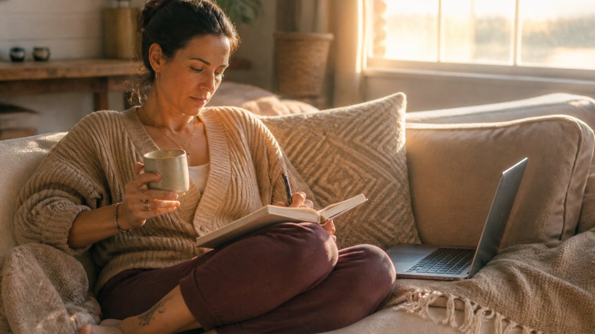 A woman in comfortable clothes sitting on a sofa with a notebook and a cup of tea, laptop open beside her, soft afternoon light through a window