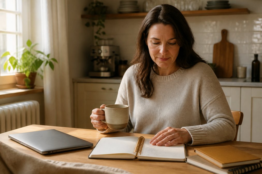 A woman planning her work week with tea to access PMDD support during the luteal phase.