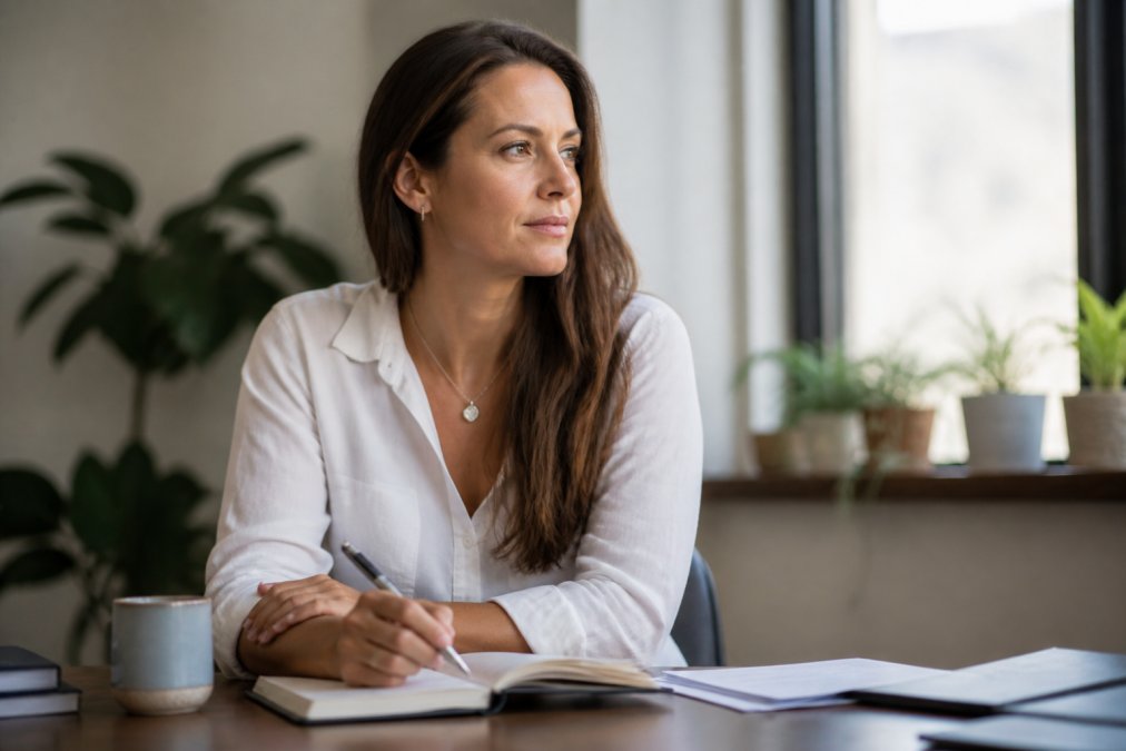 Professional woman with thoughtful expression sitting at desk with natural light from window, appearing calm and focused