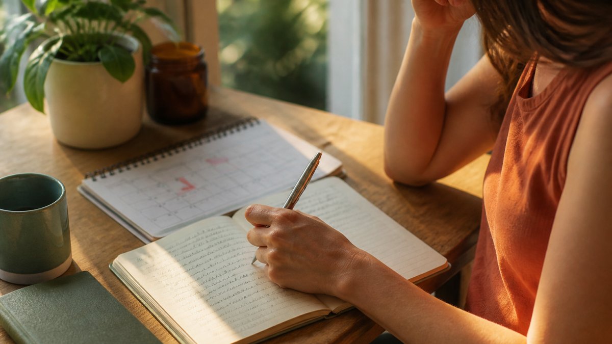 Woman sitting at a desk with a journal and pen, reflecting thoughtfully while reviewing handwritten notes and calendar markings, soft natural light streaming through a nearby window