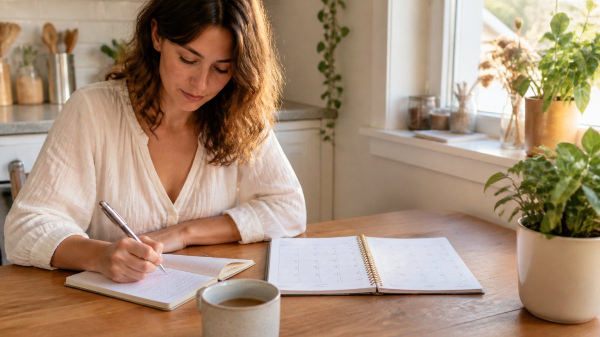 A woman sitting at a kitchen table in soft morning light, writing in a small notebook with a calendar open beside her and a cup of tea nearby