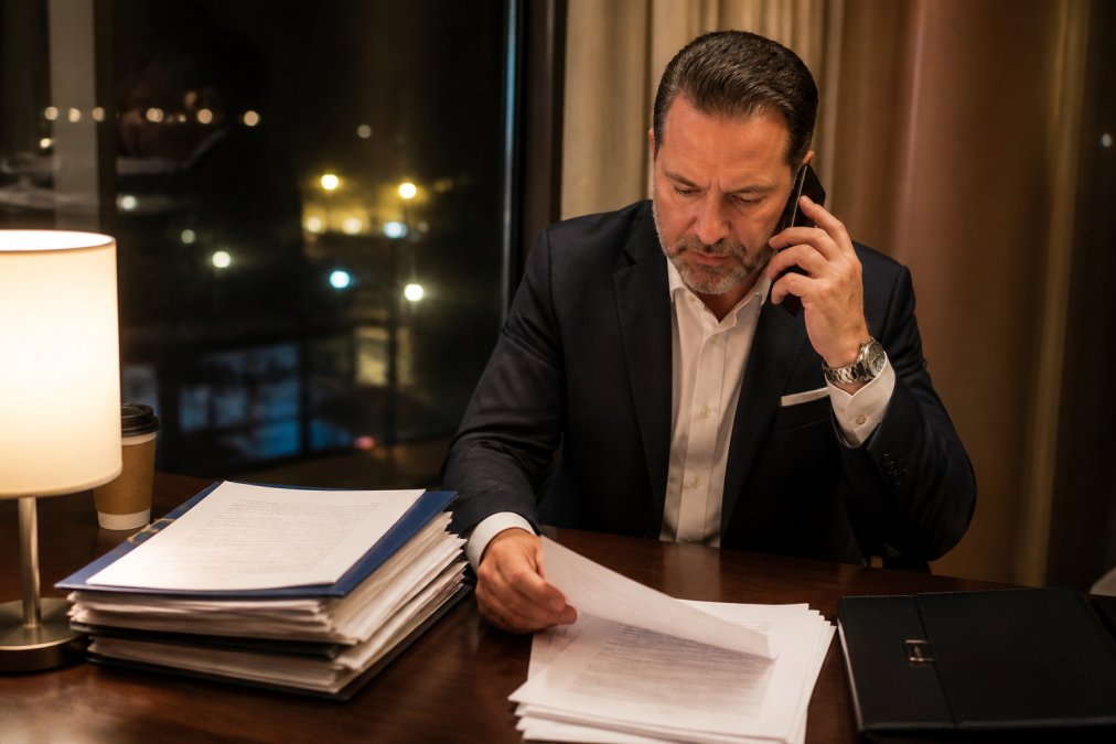 Hotel manager sitting at desk during evening hours, reviewing incident response documents and security alerts on laptop screen while on phone call with insurance representative