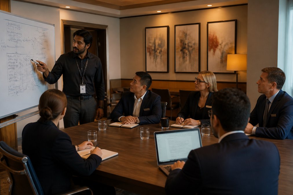 Hotel IT team and management staff in conference room reviewing security protocols on whiteboard and laptop displaying network diagrams and security documentation