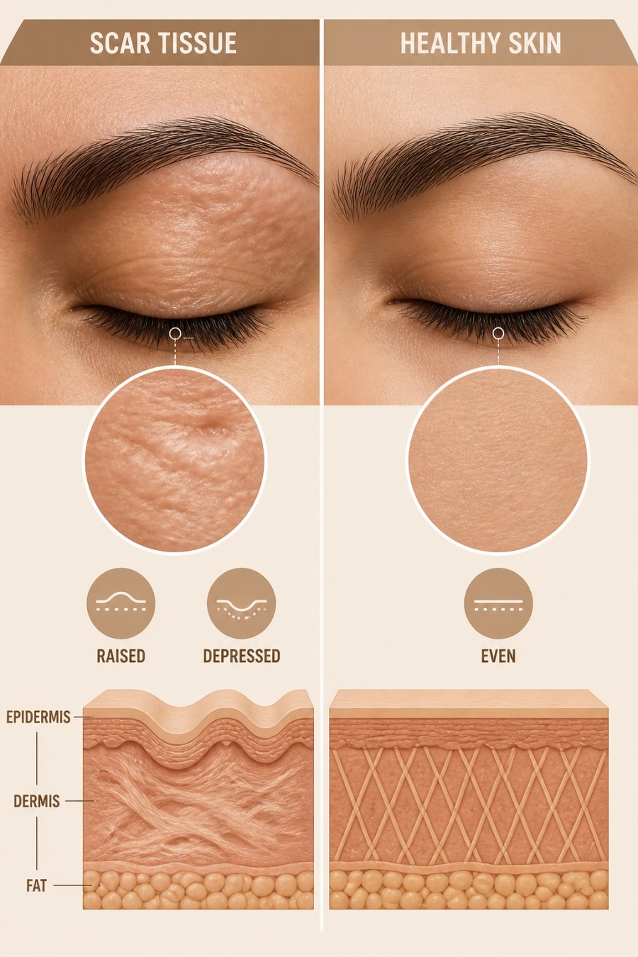 Close-up of eyebrow area showing visible scar tissue texture with raised and depressed characteristics compared to adjacent healthy skin
