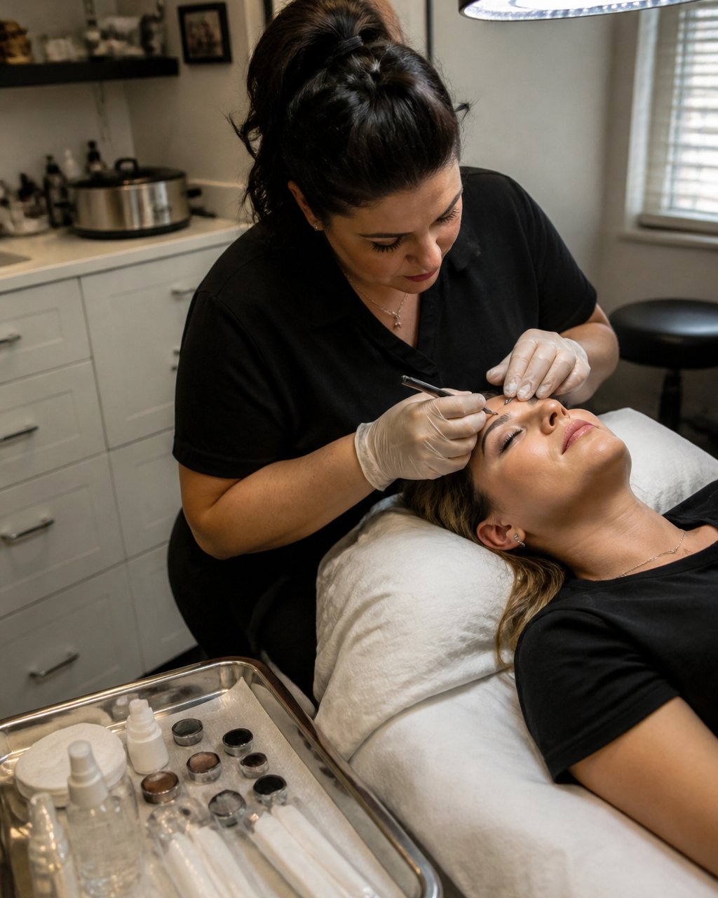 Professional PMU artist working on client's eyebrows in modern clinical treatment room with bright overhead lighting, sterile equipment visible on metal tray, client reclined in comfortable chair