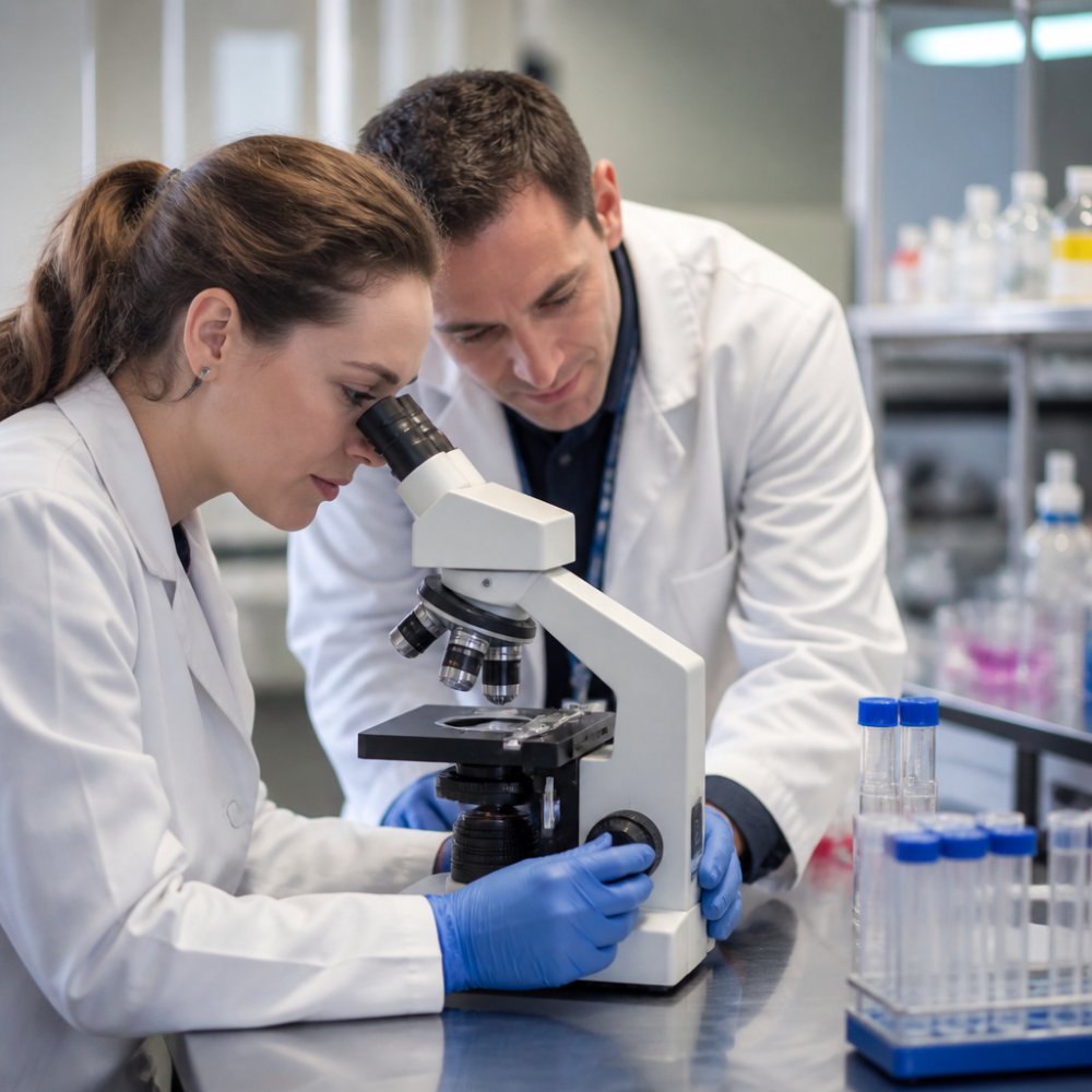 Scientific researcher in a laboratory setting examining cell cultures under a microscope, focused on cellular structures and membrane integrity, cool overhead lighting against stainless steel benches