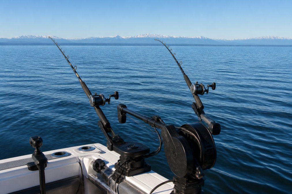 Professional illustration showing Puget Sound, Olympic Mountains for PNW salmon fishing