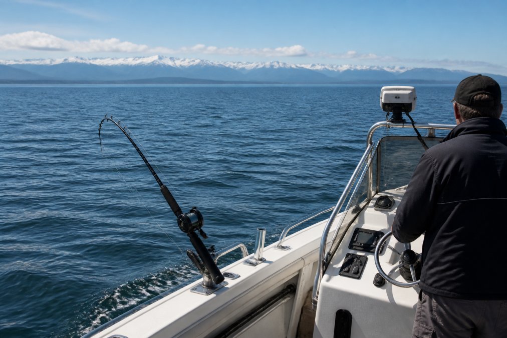Professional illustration showing Puget Sound, Olympic Mountains for PNW salmon fishing