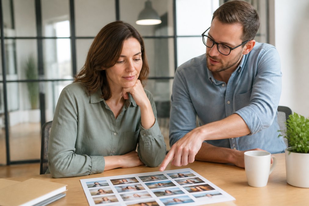 A marketing manager at a small business reviewing video content options on a laptop in a bright, modern office, with a colleague pointing at the screen