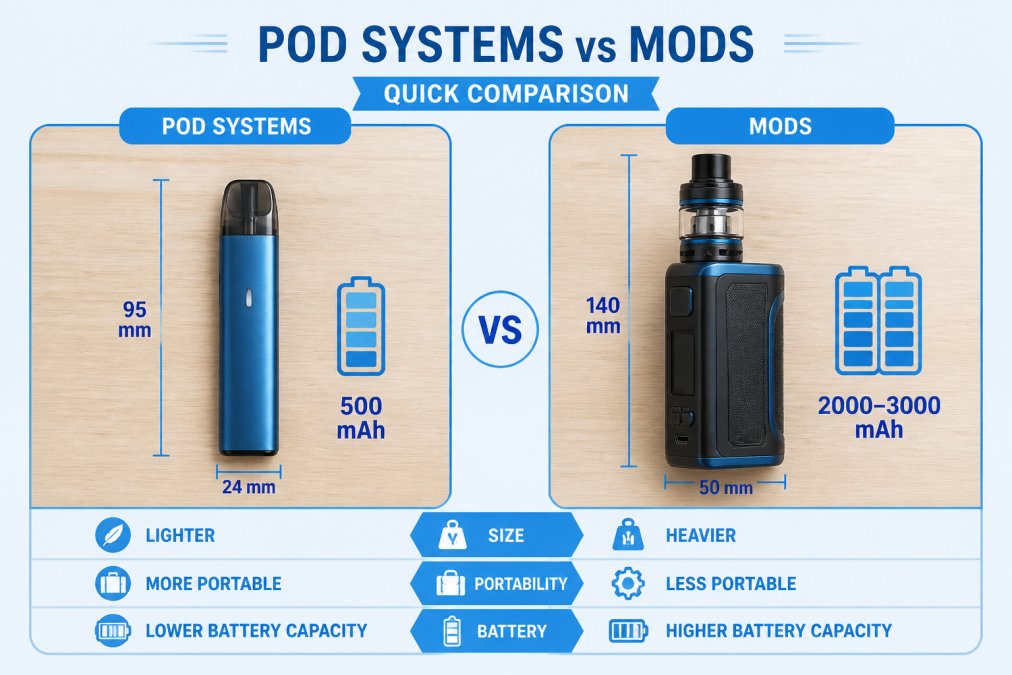 Flat-lay arrangement of a compact pod system and a larger box mod side by side on a wooden surface, showing size, design, and battery differences
