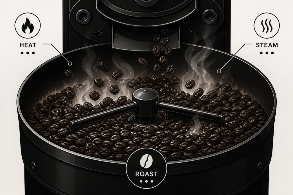Close-up of freshly roasted coffee beans in a roasting drum with visible heat and steam, showing the moment beans are being roasted to order