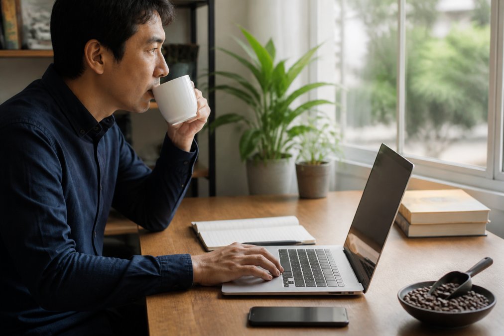 Remote worker at home desk with a cup of freshly brewed coffee, laptop, and coffee beans in the background, representing daily coffee enjoyment