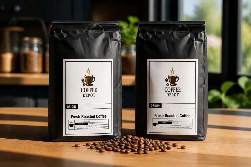 Two premium coffee bags displayed side by side on a wooden surface with fresh roasted beans scattered between them, morning sunlight highlighting the roast date labels and origin information on each package