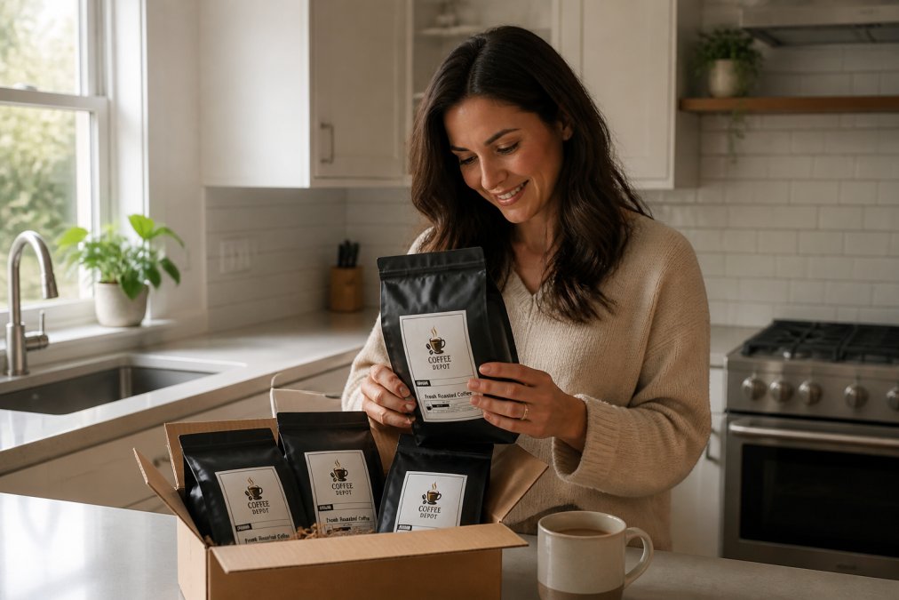 Person opening a premium coffee subscription box at their kitchen counter in natural morning light, carefully examining the contents including the roast date labels and packaging, with a satisfied expression on their face