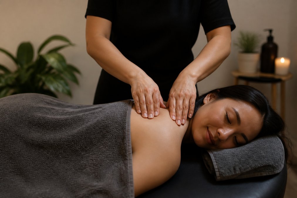 A practitioner with clean, professional hands gently massaging a client's shoulder in a calm, softly lit treatment room with neutral tones and a towel draped over the client