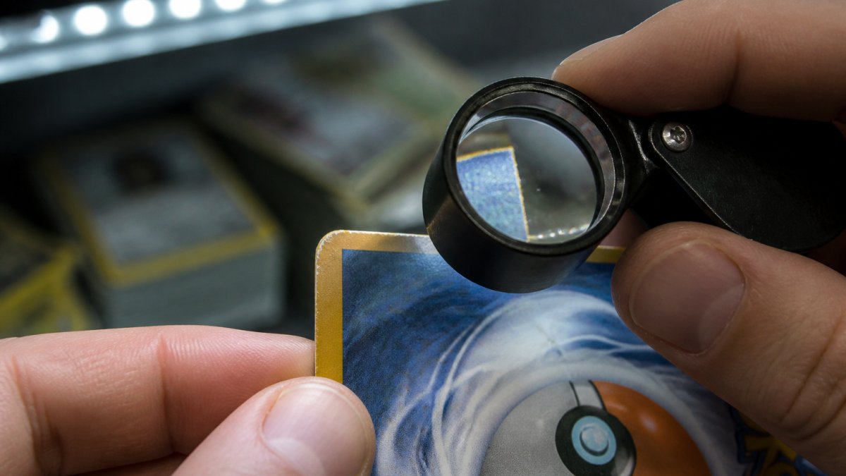 Close-up of hands holding a Pokémon card under bright LED lighting with a jeweler's loupe positioned near the card's corner, showing magnified surface detail and corner wear