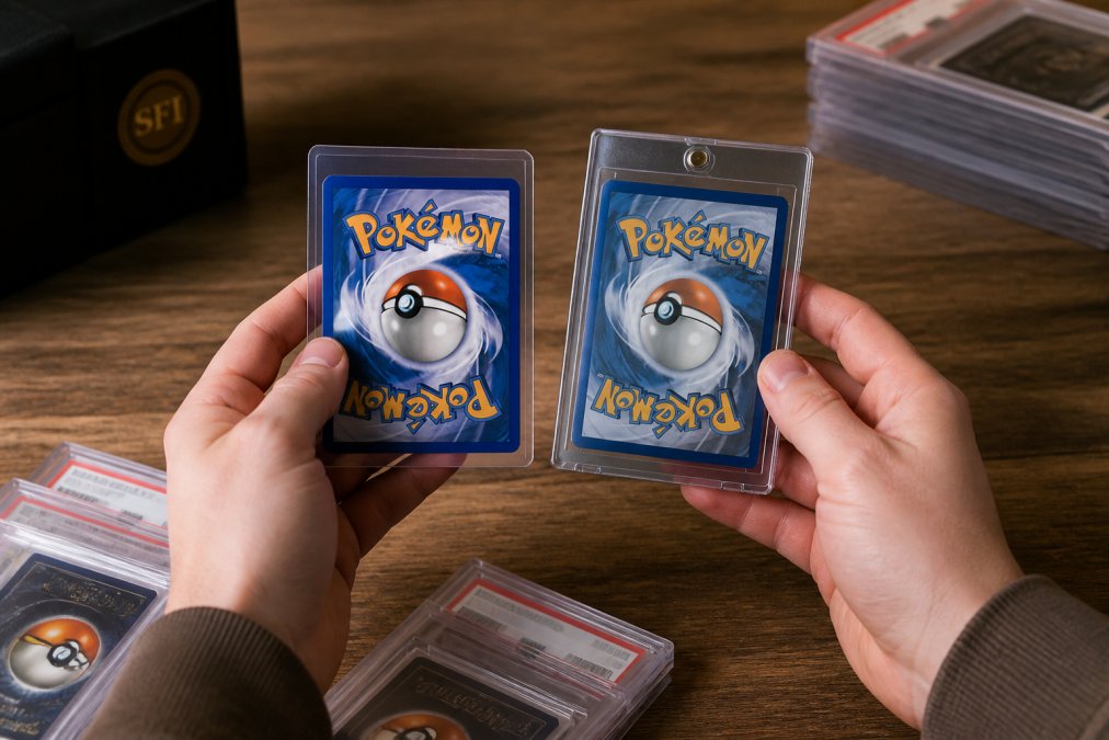 Close-up of a collector's hands holding a top loader in one hand and a magnetic one-touch case in the other, with several graded card slabs visible on a wooden table, soft warm lighting from the side