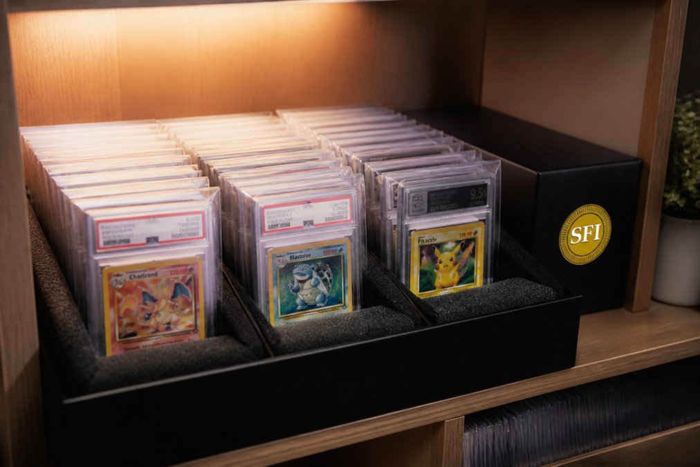 A neatly organized shelf displaying multiple PSA and BGS graded Pokémon card slabs in clear protective sleeves, arranged upright in a padded storage box under soft, warm lighting
