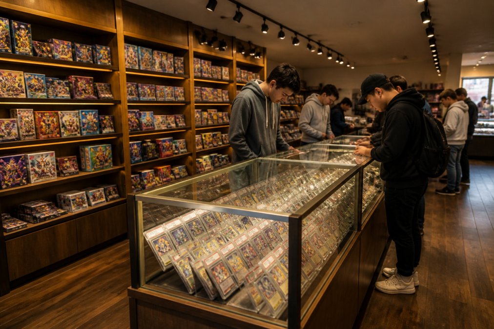 Interior of a well-organized trading card shop with wooden shelves displaying booster boxes, glass cases showcasing graded cards in protective holders, and multiple collectors browsing inventory under warm overhead lighting