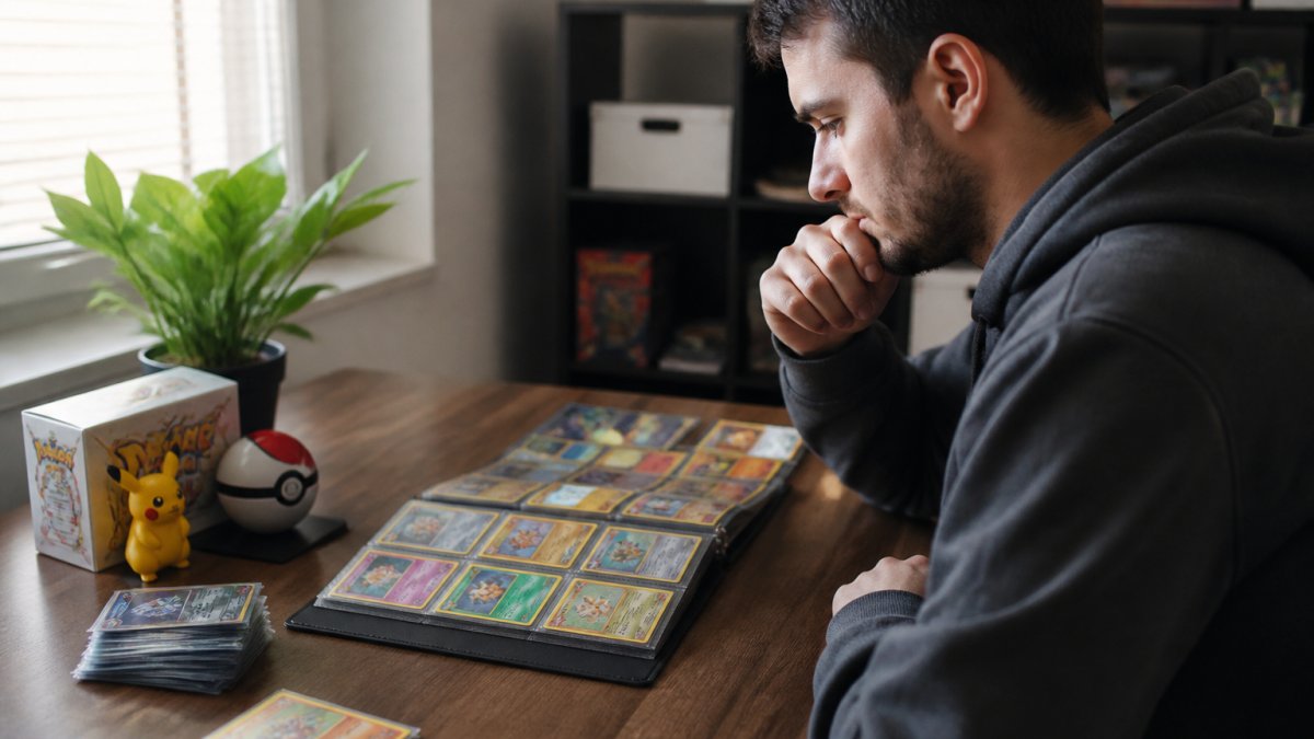 Collector reviewing a Pokémon collection tracker on a laptop while organizing cards at a desk