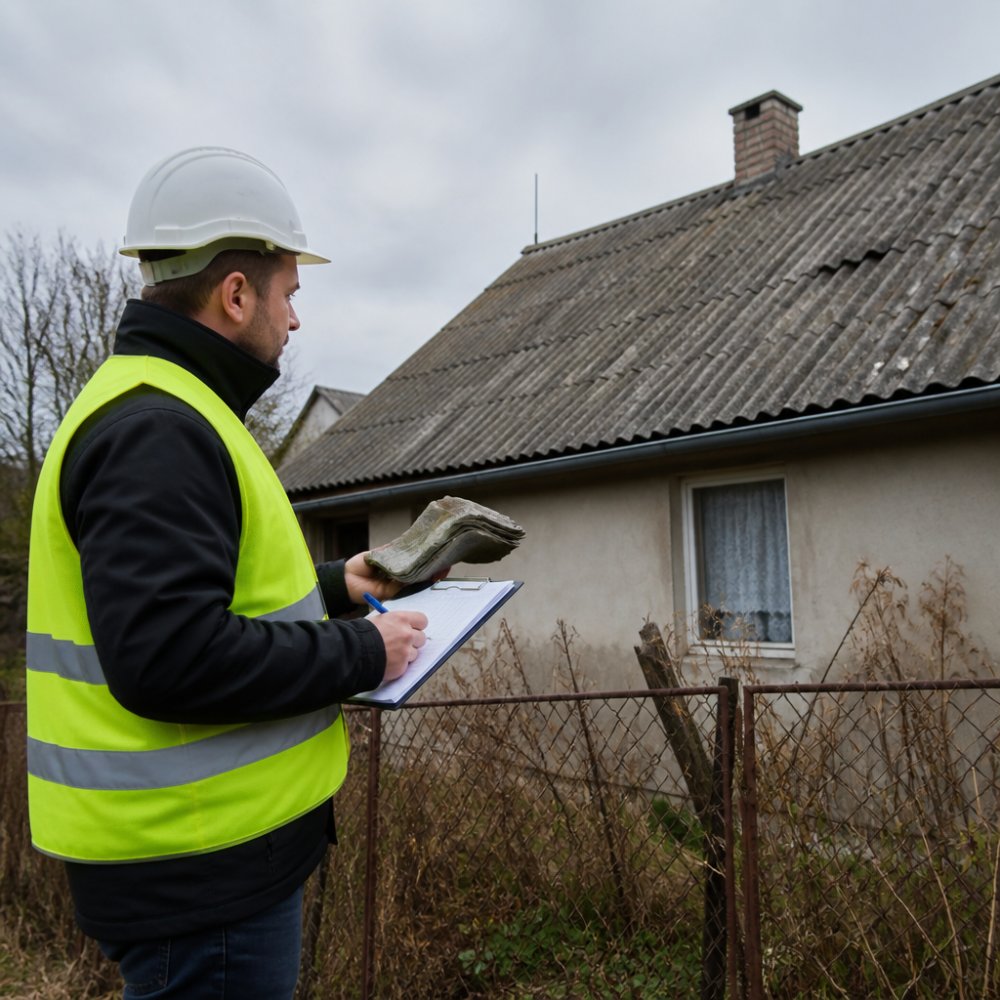Inspektor v reflexní vestě kontroluje starou eternitovou střechu na rodinném domě, v ruce drží desky a zapisuje do formuláře, zatažené počasí, realistický dokumentární styl