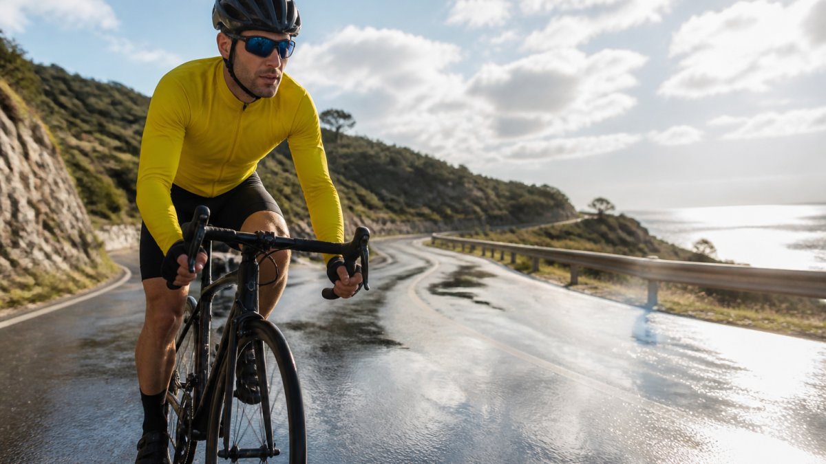 Outdoor cyclist wearing polarized sunglasses on a bright sunny day with water reflections visible on a wet road surface, demonstrating real-world glare reduction