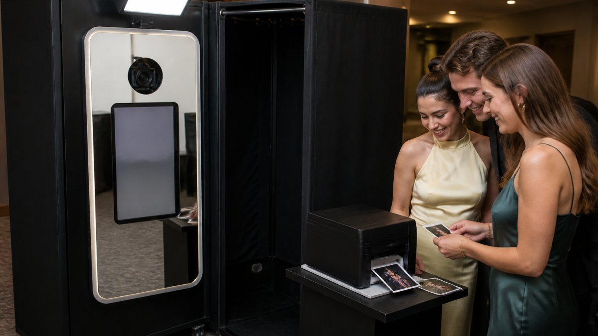 Professional photo booth setup at event showing enclosed booth structure with mirror face, touchscreen interface, studio LED lighting positioned above, Canon camera mounted inside booth, and Sinfonia printer station with guests viewing printed photos