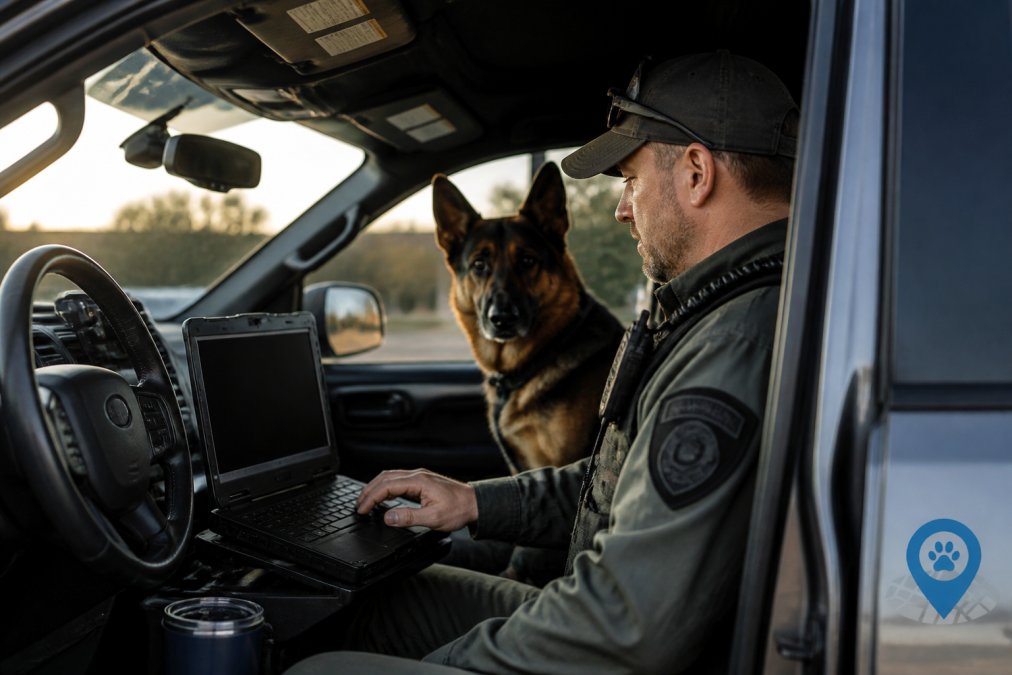 K9 handler using a rugged laptop for certification tracking in a police vehicle with a German Shepherd.