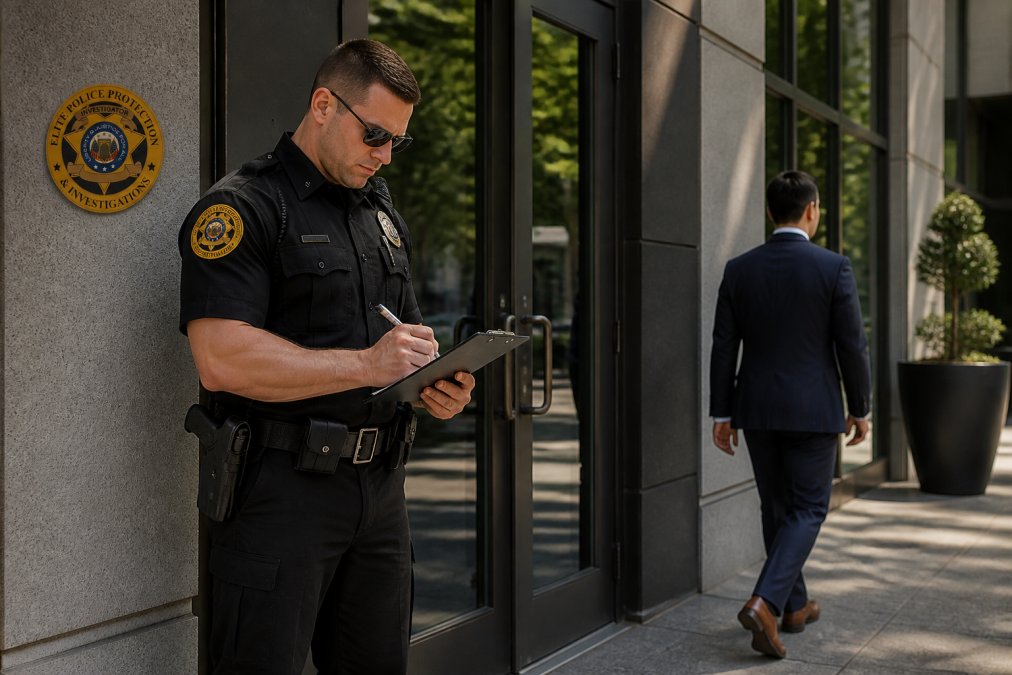 Uniformed officer providing police security services at a commercial building entrance while checking a clipboard.