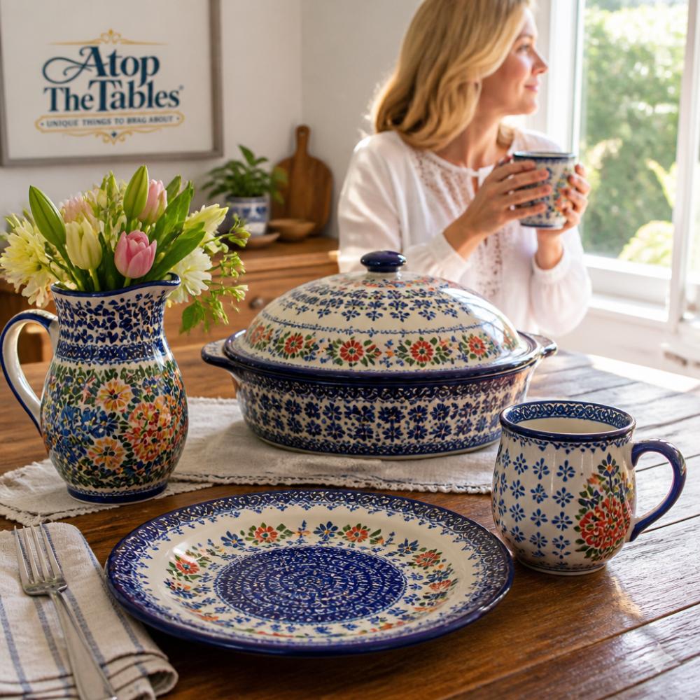 Infographic guide illustrating the essential types of hand-painted ceramic tableware for a kitchen collection