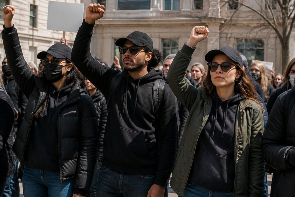 A diverse group of people wearing statement hoodies and caps at a daytime outdoor gathering, showing layering with jeans and practical outerwear, some with arms raised in solidarity