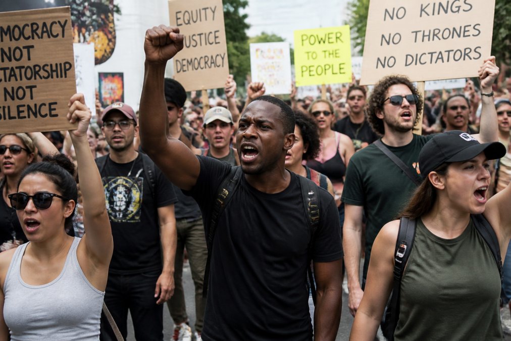 Crowd of diverse activists wearing statement apparel at a daytime march, holding signs and placards, showing wear-tested clothing in real action with natural outdoor lighting