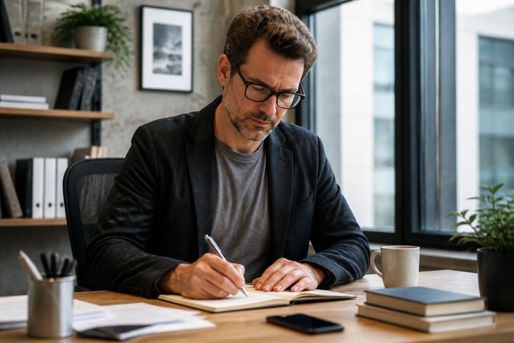 Professional demonstrating political merch styling in modern office setting, wearing a statement tee layered under a blazer at desk with natural office lighting